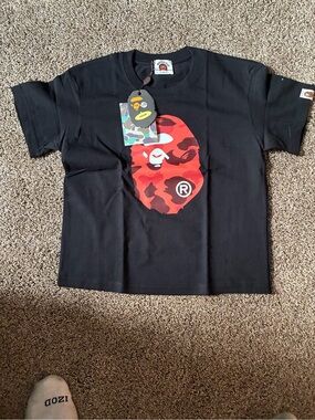 Bape Black Tee with Red Camo Ape Head Graphic